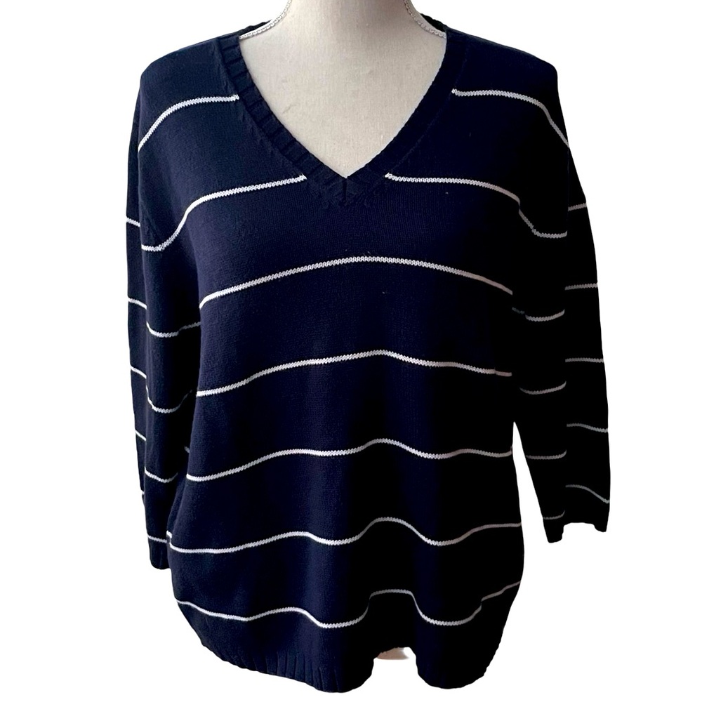 White Stag Vintage sweater Navy Blue White stripes ribbed cotton V Neck size LG - Picture 3 of 13